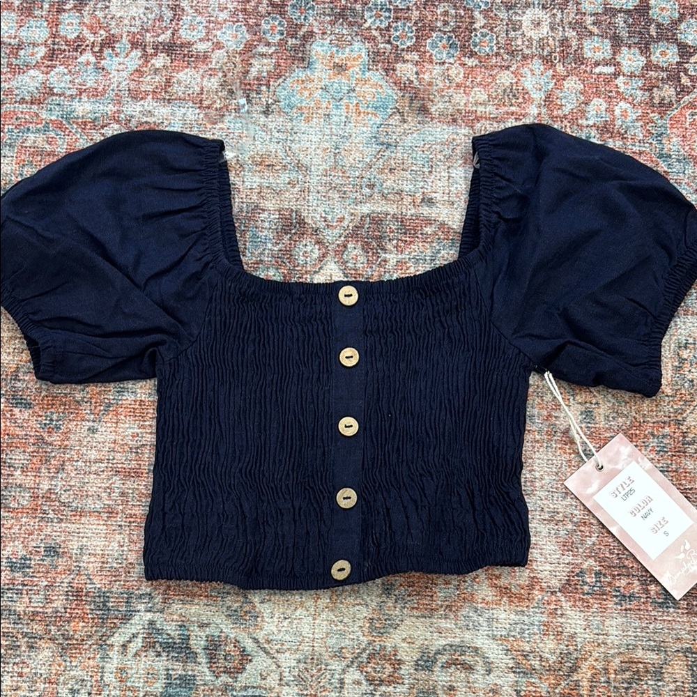 Blue and White Smocked Crop Blouse